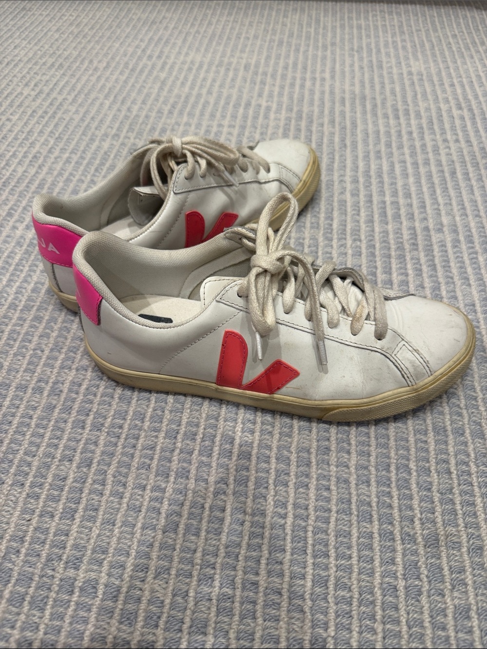 Veja Women's White Leather Sneakers with Pink Logo and Heel